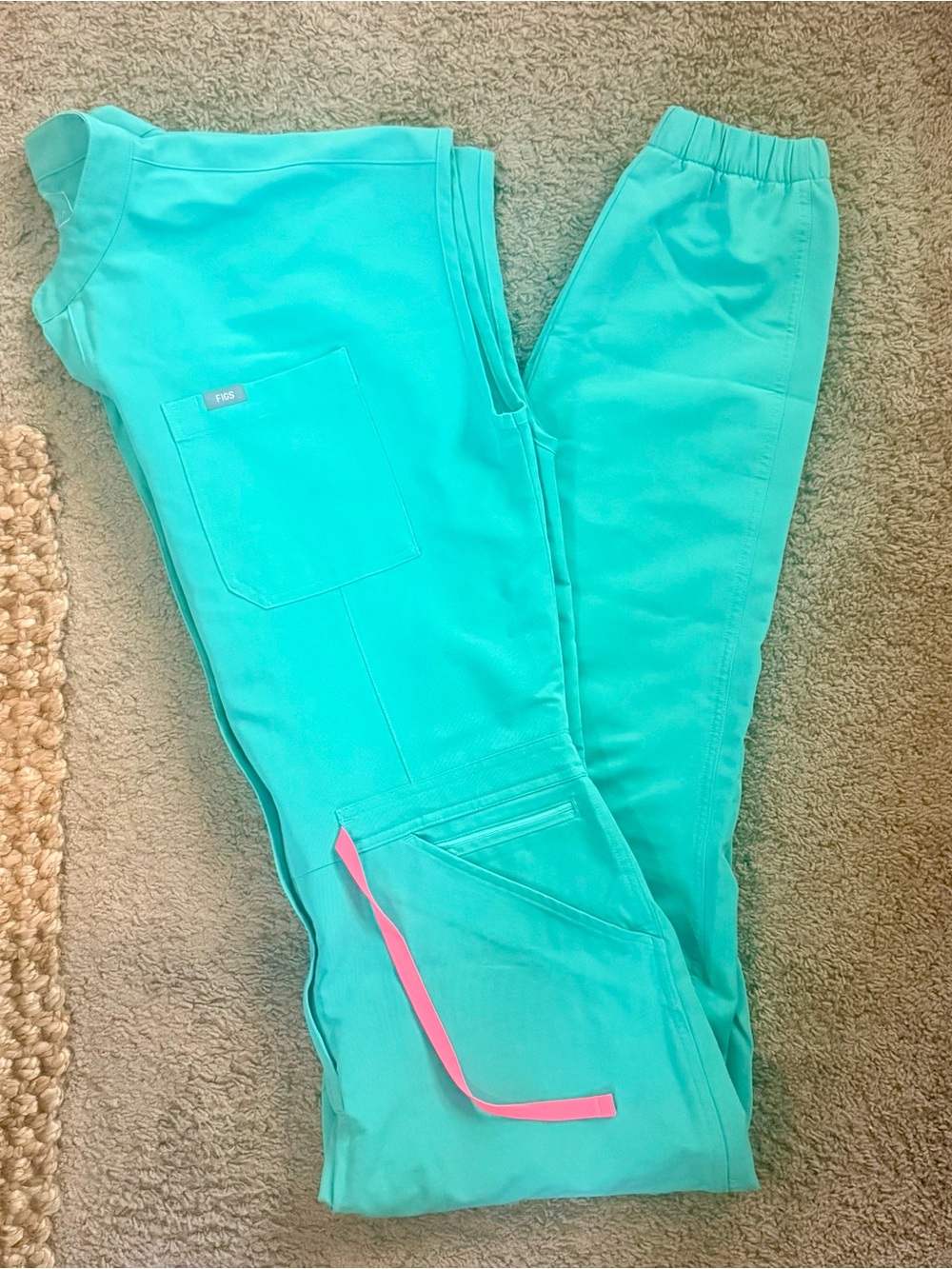 Figs Teal Ankle Scrub Joggers with Pink Drawstring L/T